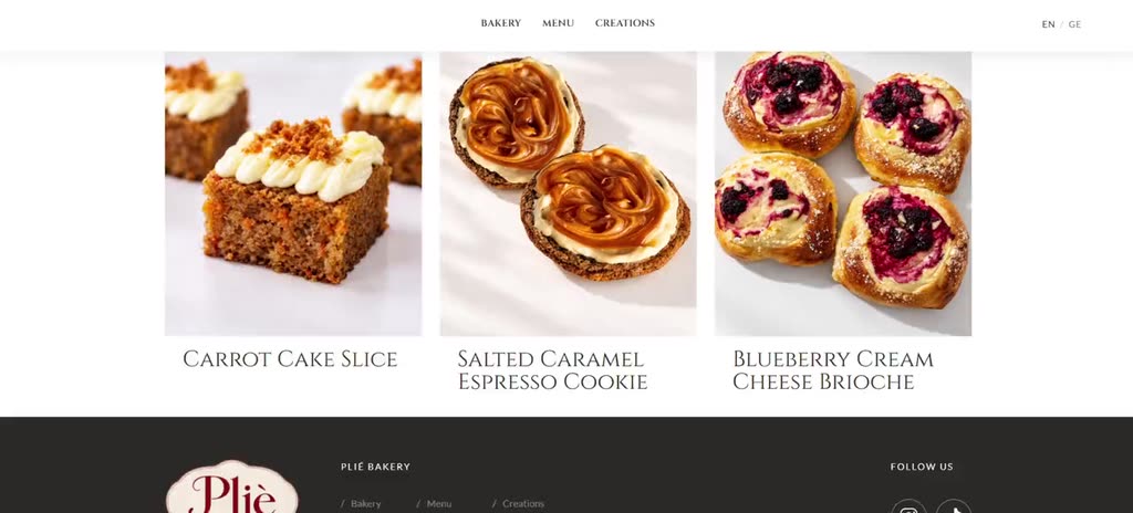 The Plié Bakery website: scrolling the homepage
