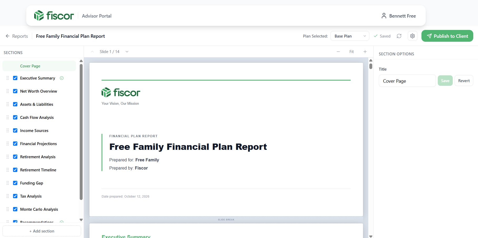 The Fiscor advisor report builder, with a family financial plan cover and the sections an advisor can include