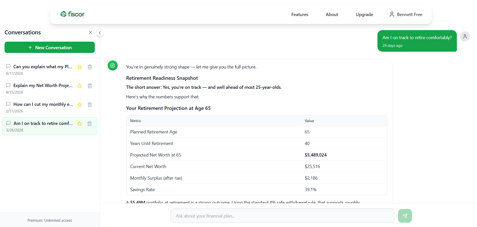 The Fiscor AI advisor answering whether a client is on track to retire, with a retirement snapshot table