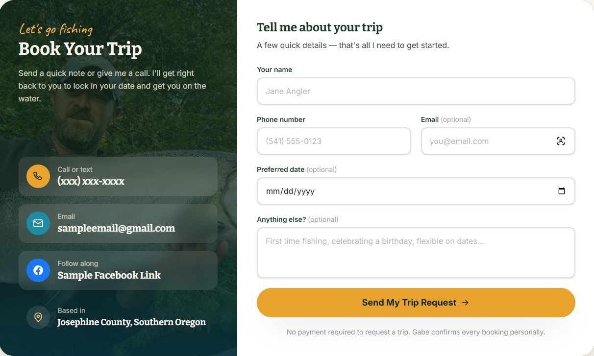 The Fishing Rogue trip request form with contact details and a short inquiry form