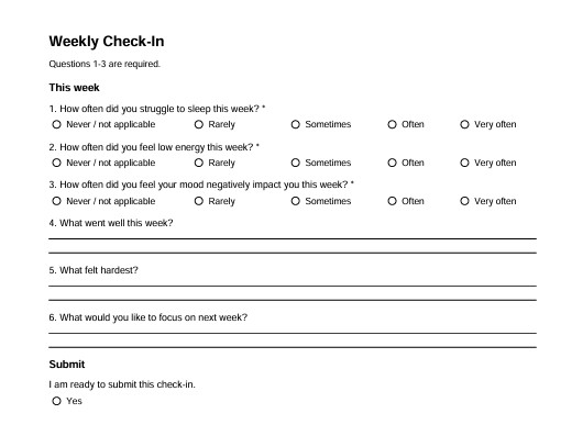A plain list of intake questions before it becomes a web form