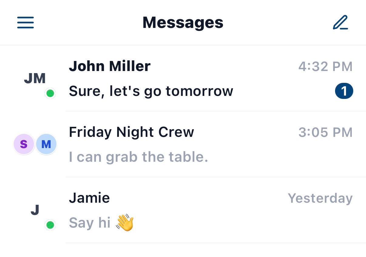 The WhatsUp messages screen with conversations from friends and a group chat