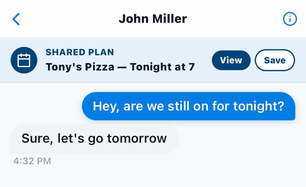 A shared plan for Tony's Pizza inside a WhatsUp conversation